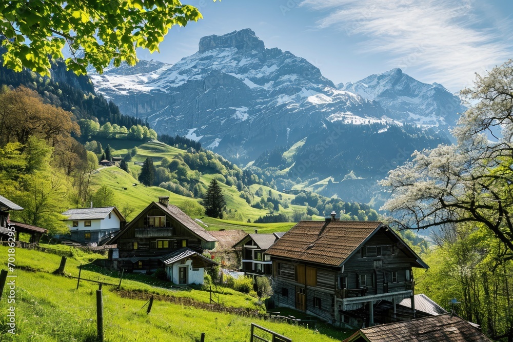 A verdant alpine valley, dotted with quaint houses and wildflowers, stretches towards the majestic, snow-capped mountains under a dynamic sky