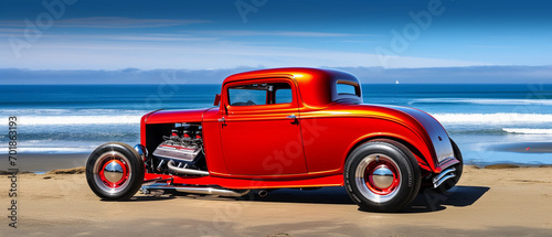 Red street rod at the beach