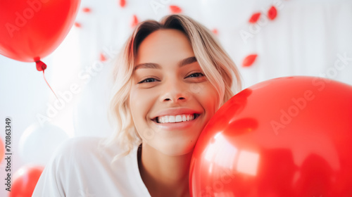 Happy young woman holding a balloon with a red heart, a symbol of love for Valentine's Day
