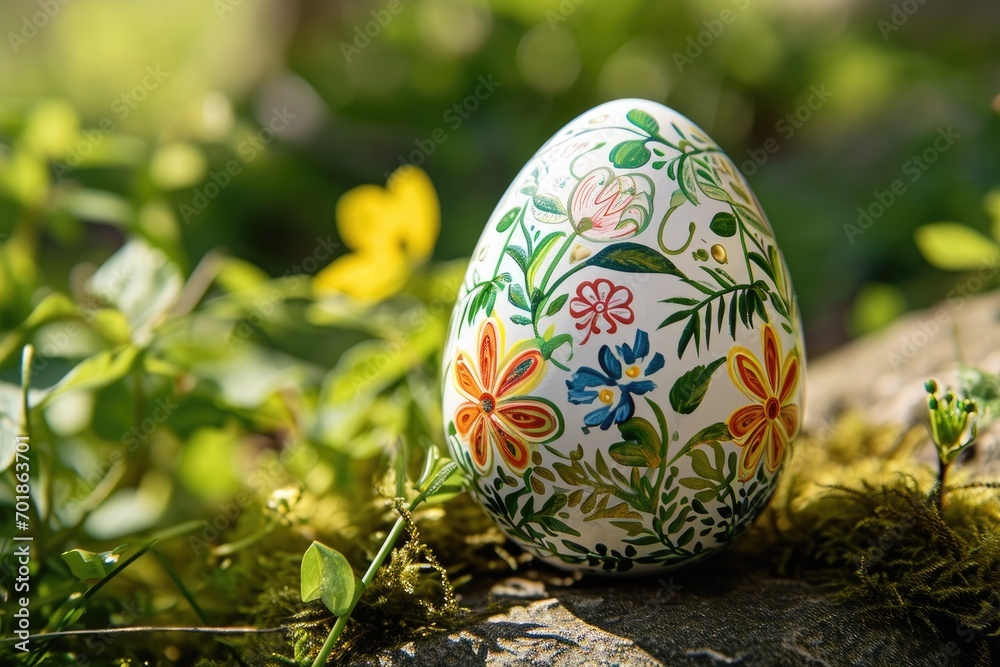 Exquisite hand-painted Easter egg adorned with delicate floral motifs nestled in a natural setting of fresh greenery. Exquisite hand-painted Easter egg adorned with delicate floral motifs nestled in a natural setting of fresh greenery.