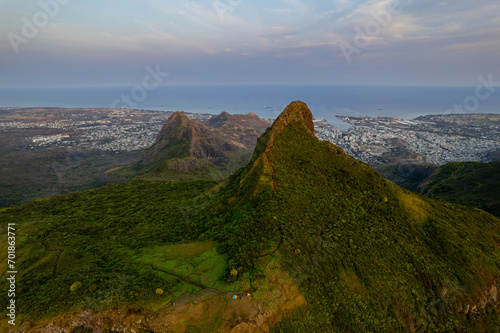 Aerial view of Le Pouce mountain and Port Louis city during early morning in Mauritius