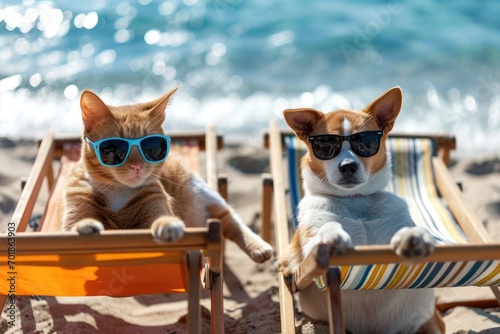 Cat and Dog Wearing Sunglasses on the Beach © AiAgency
