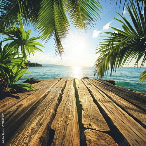 Weathered wooden planks provide a natural foreground to a soft-focus tropical beach scene  with palm fronds framing the dazzling turquoise sea