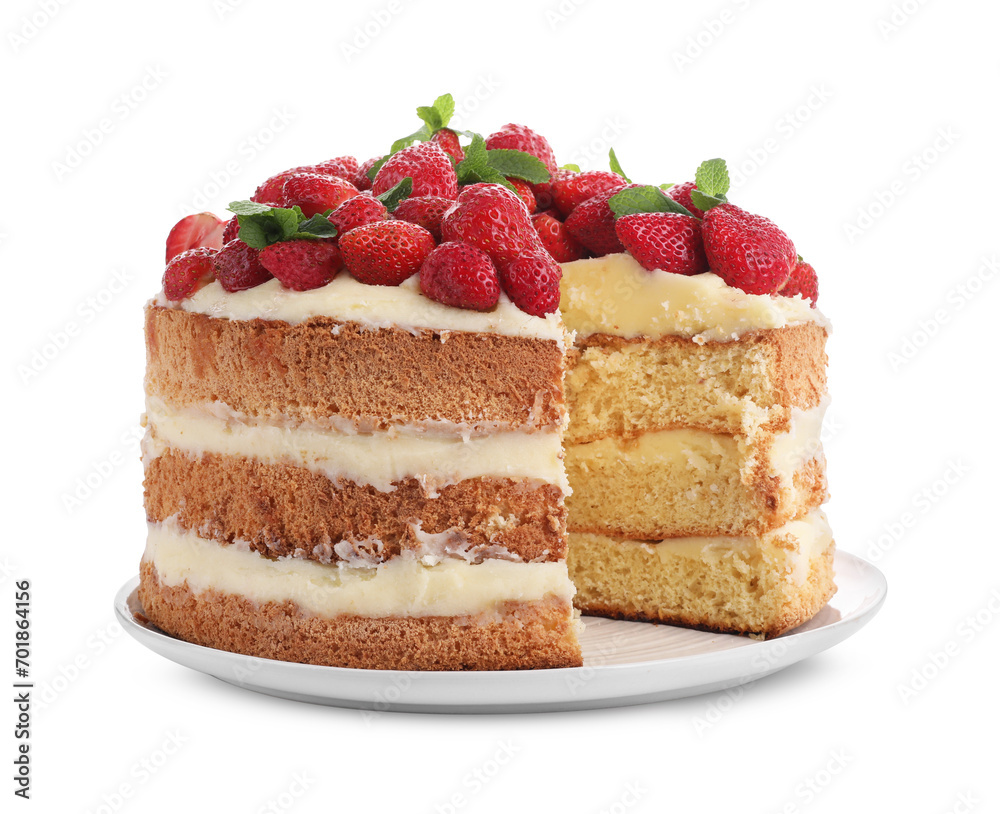 Tasty cake with fresh strawberries and mint isolated on white Tasty cake with fresh strawberries and mint isolated on white