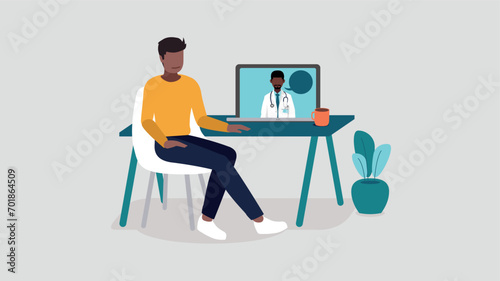 Vektor-Illustration  einer Person an einem Schreibtisch im Gespräch mit einem Arzt online auf einem Laptop - Health Concept