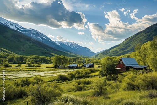 An alpine village basks in the afternoon sun  its charm amplified by the stunning mountain backdrop and the vivid green of spring