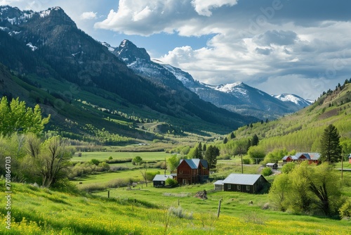 An alpine village basks in the afternoon sun, its charm amplified by the stunning mountain backdrop and the vivid green of spring