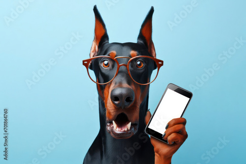 Shocked doberman dog in glasses holding smart phone mockup white screen over blue background. ai generative