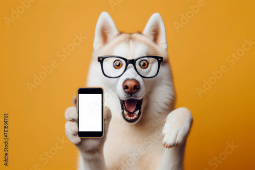 Shocked haski dog in glasses holding smart phone mockup white screen over blue background. ai generative photo