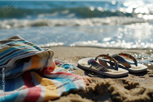 Straw hat and flip-flops resting on a colorful towel by the foamy sea edge, capturing the essence of a beach holiday