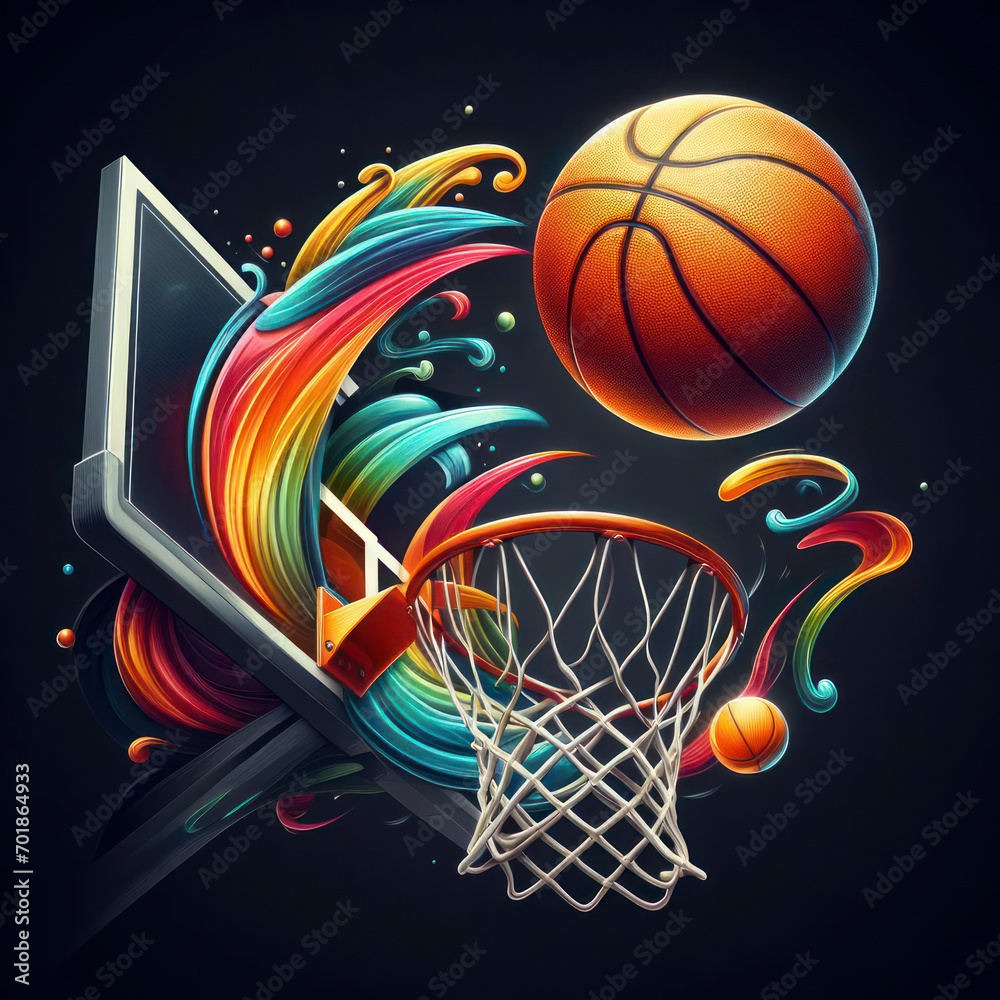 realistic colorful photo basketball hoop and ball fly too basket on solid black background. ai generative