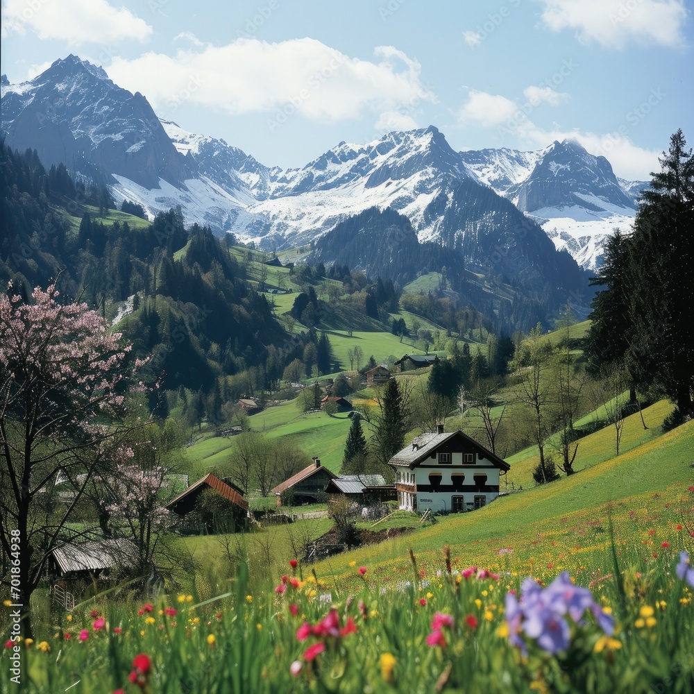 An alpine village basks in the afternoon sun, its charm amplified by the stunning mountain backdrop and the vivid green of spring