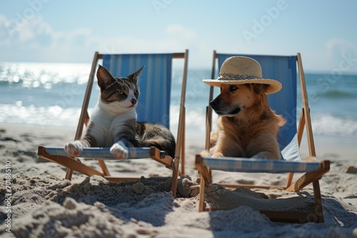 A cat with pink sunglasses and a dog with mirrored shades look like the ultimate summer siblings, embracing the laid-back beach vibes. © AiAgency