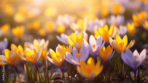 Close-up of vibrant yellow crocus flowers basking in the warm, soft light of the sun, symbolizing the arrival of spring.