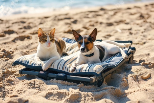 A cat with pink sunglasses and a dog with mirrored shades look like the ultimate summer siblings, embracing the laid-back beach vibes.