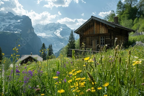 An alpine village basks in the afternoon sun, its charm amplified by the stunning mountain backdrop and the vivid green of spring