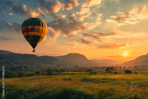 Majestic Hot Air Balloon Soaring Amidst Sunset © AIproduction