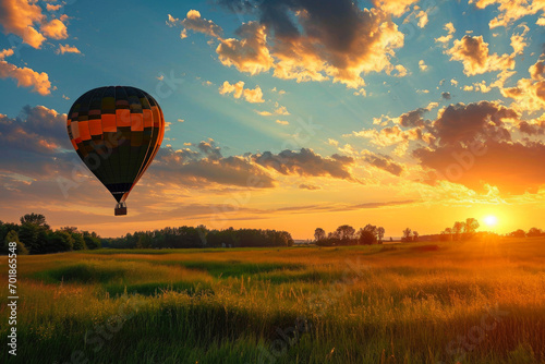 Tranquil Sunset Flight in a Colorful Balloon