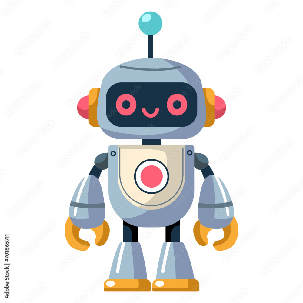 Cheerful funny cartoon children's robot. Cute cyborg, futuristic modern bot, android, smiling character in flat vector illustration isolated on white background. Science technology concept. Cheerful funny cartoon children's robot. Cute cyborg, futuristic modern bot, android, smiling character in flat vector illustration isolated on white background. Science technology concept.