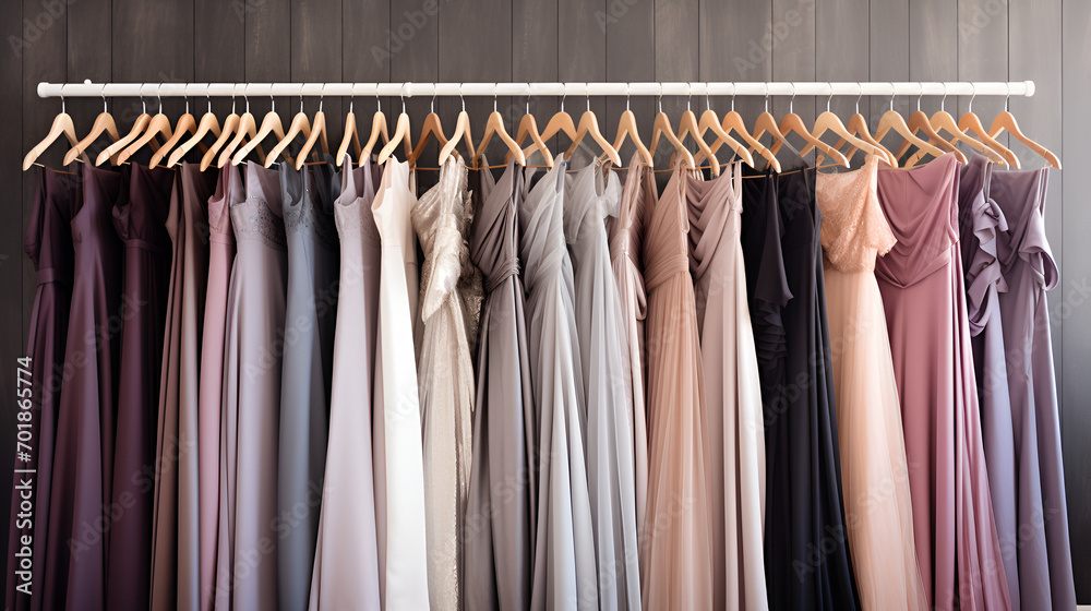 rack of classic Formal Wear Dresses, bridesmaid dresses
