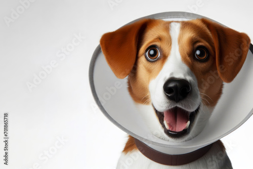 Surprised dog stand with a protective collar on a white background. ai generative photo