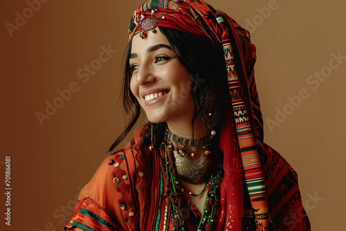 portrait of a Algerian, woman, Smiling Algerian Woman in Traditional Kabyle Dress and Jewelry, Traditional Attire, Model photography