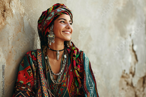 portrait of a Algerian, woman, Smiling Algerian Woman in Traditional Kabyle Dress and Jewelry, Traditional Attire, Model photography