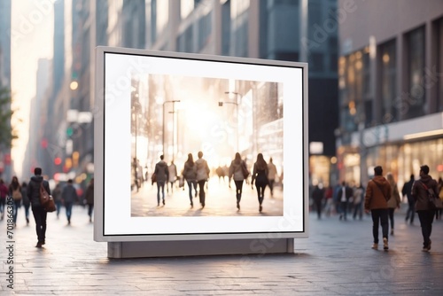 white empty LED billboard mockup in in the street with crowd of people walking in blurred motion. ai generative