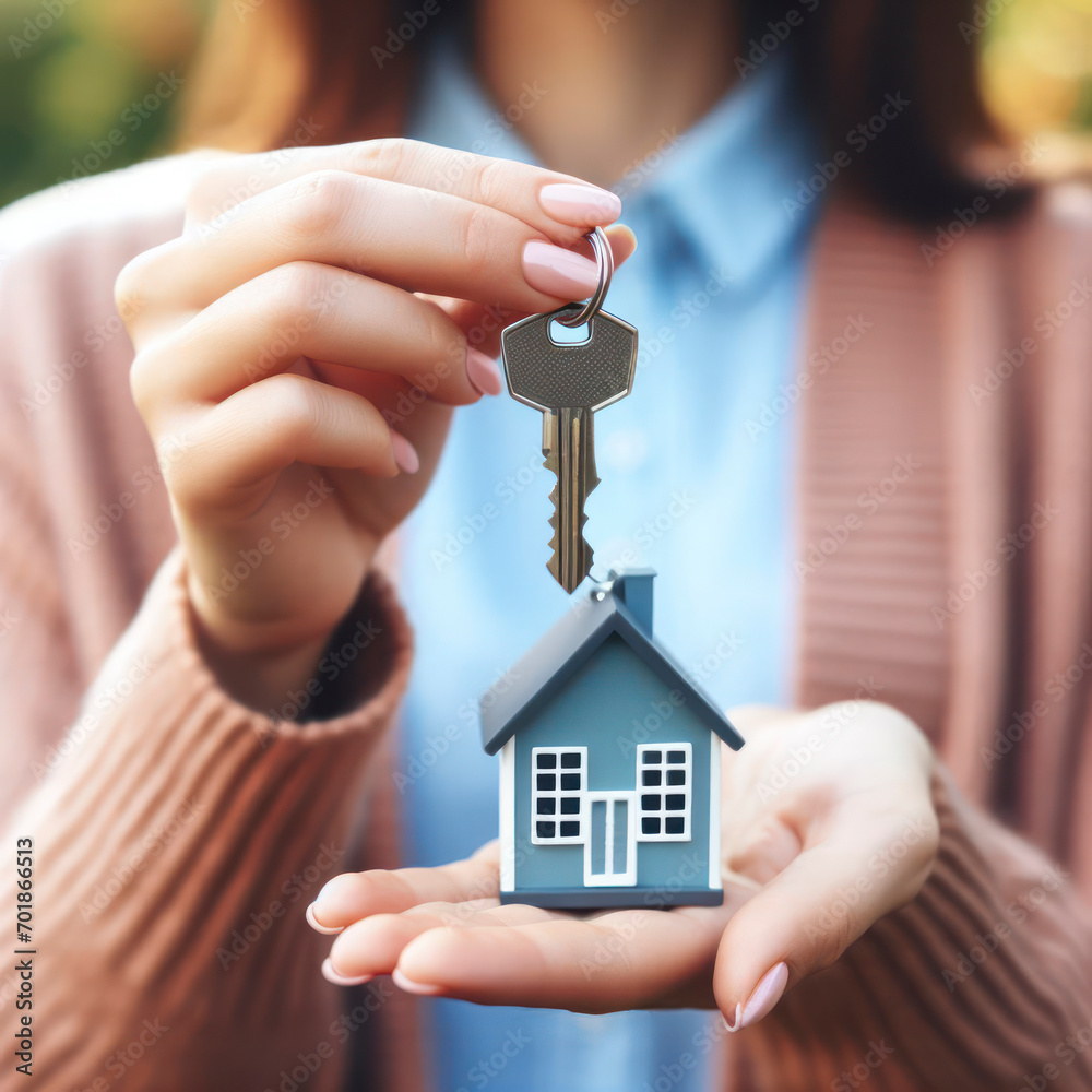 Woman holding keys with house shaped keychain on nature blure background. ai generative Woman holding keys with house shaped keychain on nature blure background. ai generative