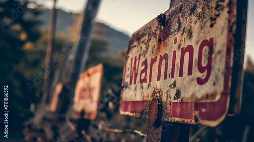 Forgotten Warnings: Weathered Signs Line a Rural Road, Echoing Past Cautions photo