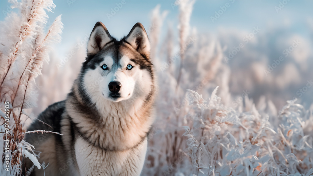 Fototapeta premium Siberian husky dog in a winter forest.