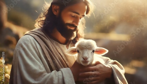 Depiction of Jesus Christ as Shepherd - Jesus Christ holding a Lamb - Blessing to Humanity - Imagination of Redemption and Faith photo