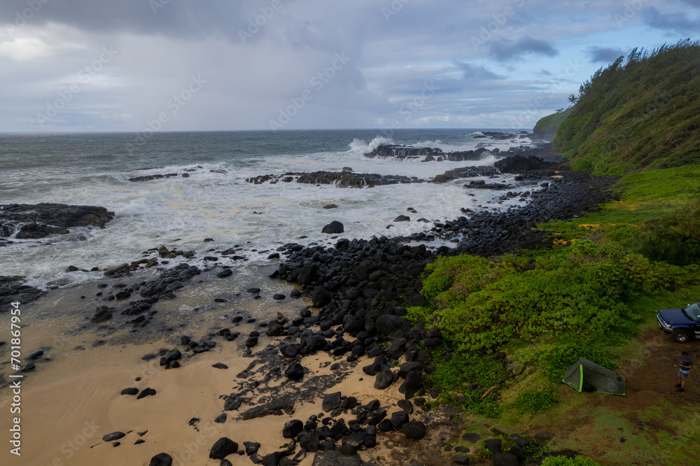 Aerial view of Benares beach located on th south coast of Mauritius island