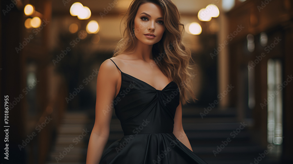 Fototapeta premium Beautiful model wearing a simple classic Formal Wear Dress