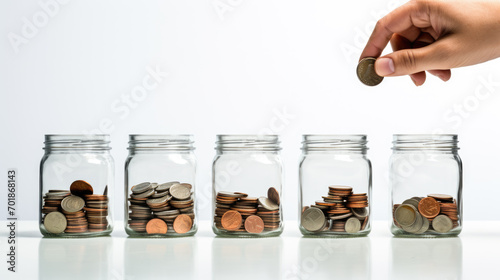 Hand dropping a coin into glass jar photo