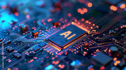 printed circuit board with processor robot, artificial intelligence ai concept visualization technology neuron background