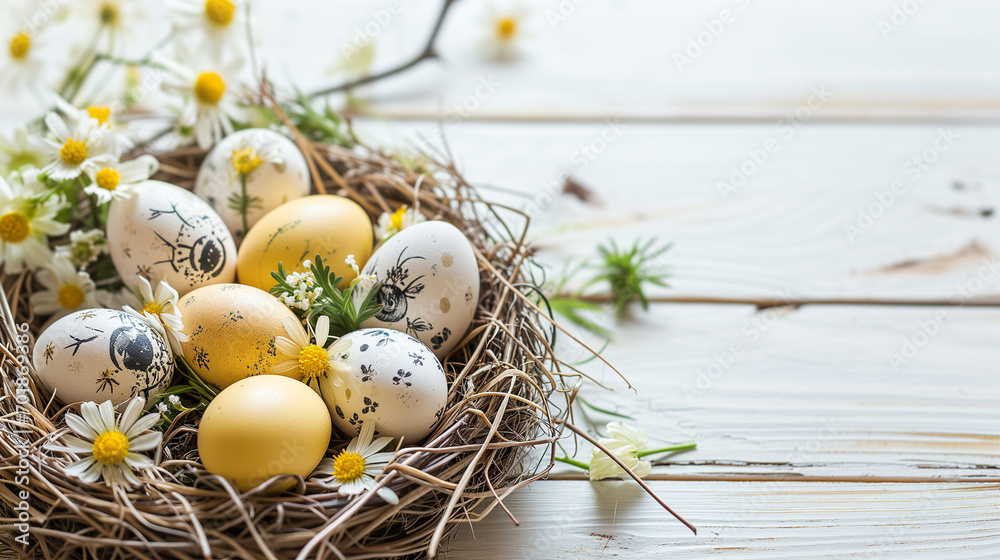 colorful easter eggs on wooden background