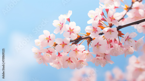 Close-up of delicate cherry blossoms against a bright blue sky