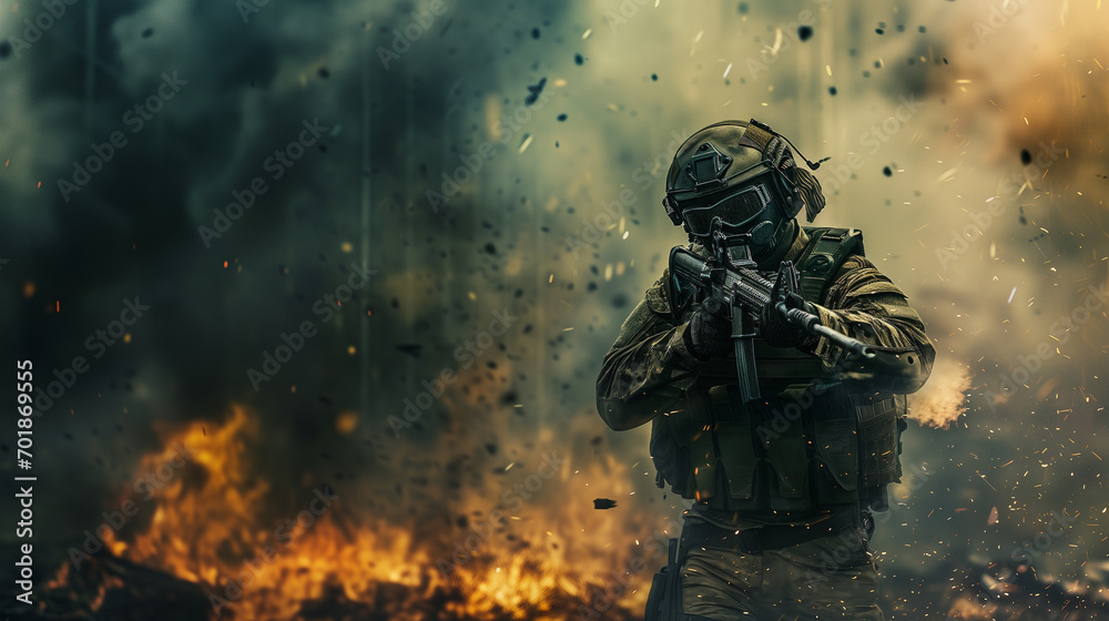soldier in camouflage going through war