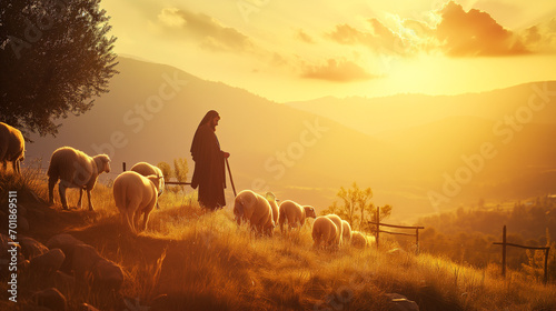 cross in the field at sunset with jesus christ christian sheep photo