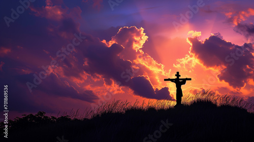 jesus christ on a cross in a field at sunshine sunrise © PiTeRoVs