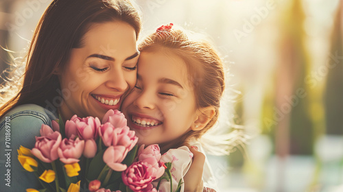 little child with tulips flowers with mother parent mother day © PiTeRoVs