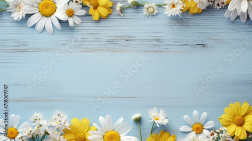 Floral arrangement of white daisies and yellow flowers scattered on a vibrant blue wooden background