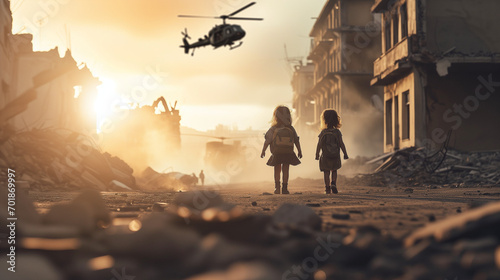 children kids walking in the destroyed war postapocalyptic city with helicopter flying above them