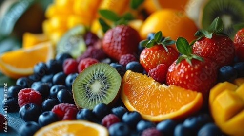 Lush  sliced citrus fruits mixed with berries and kiwi.