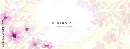 Spring artistic background. Wallpaper in watercolor style with blooming branches, flowers and leaves. Vector abstract pastel background for banner, poster, web, packaging