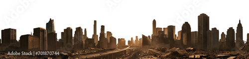 vast post apocalyptic city skyline sunset silhouette - premium pen tool cutout - city with tall buildings and skyscrapers - debris and destruction - wide panoramic  angle photo