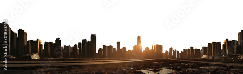 vast post apocalyptic city skyline sunset silhouette - premium pen tool cutout - city with tall buildings and skyscrapers - debris and destruction - wide panoramic  angle photo