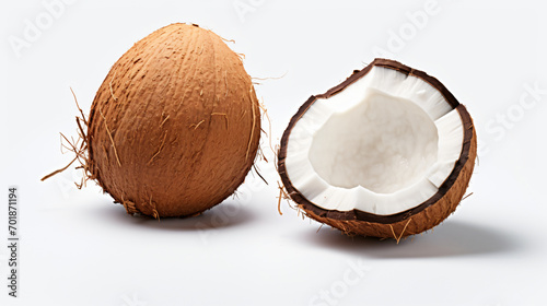 Coconut and one cracked on white background