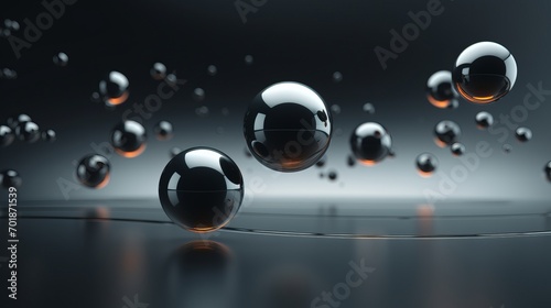 Abstract black spheres on dark background. Futuristic background.